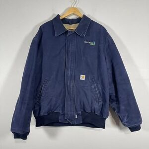 Carhartt FR Jacket Mens 2XL Dark Blue Duck Canvas‎ Quilted Lined Work Coat Logo